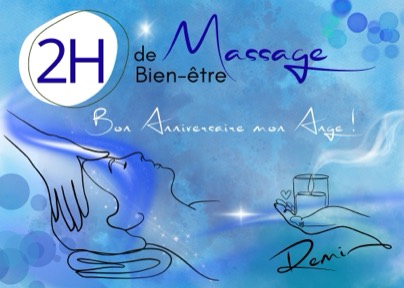 Carte cadeau bleue pour 2 h de massage, réalisée à la main par Laure