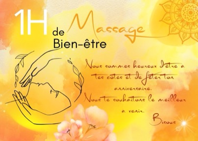 Carte cadeau jaune pour 1 h de massage, réalisée à la main par Laure