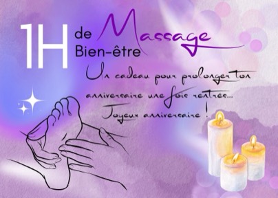 Carte cadeau mauve pour 1 h de massage, réalisée à la main par Laure