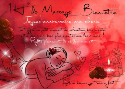 Carte cadeau rouge pour 1 h de massage, réalisée à la main par Laure