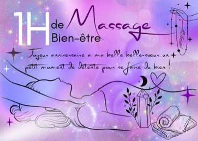 Carte cadeau violette pour 1 h de massage, réalisée à la main par Laure